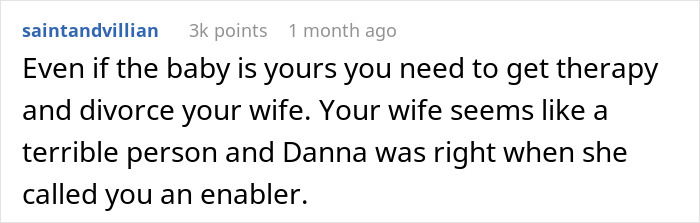 Online comment discussing a wife's refusal of a paternity test and advice for therapy and divorce. Online comment discussing a wife's refusal of a paternity test and advice for therapy and divorce.