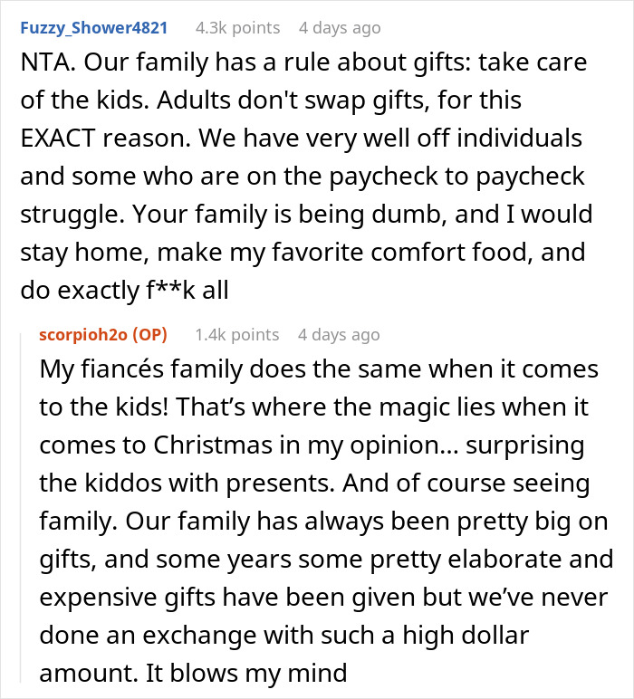 Reddit comments discuss gift-giving traditions and avoiding expensive white elephant gifts. Reddit comments discuss gift-giving traditions and avoiding expensive white elephant gifts.