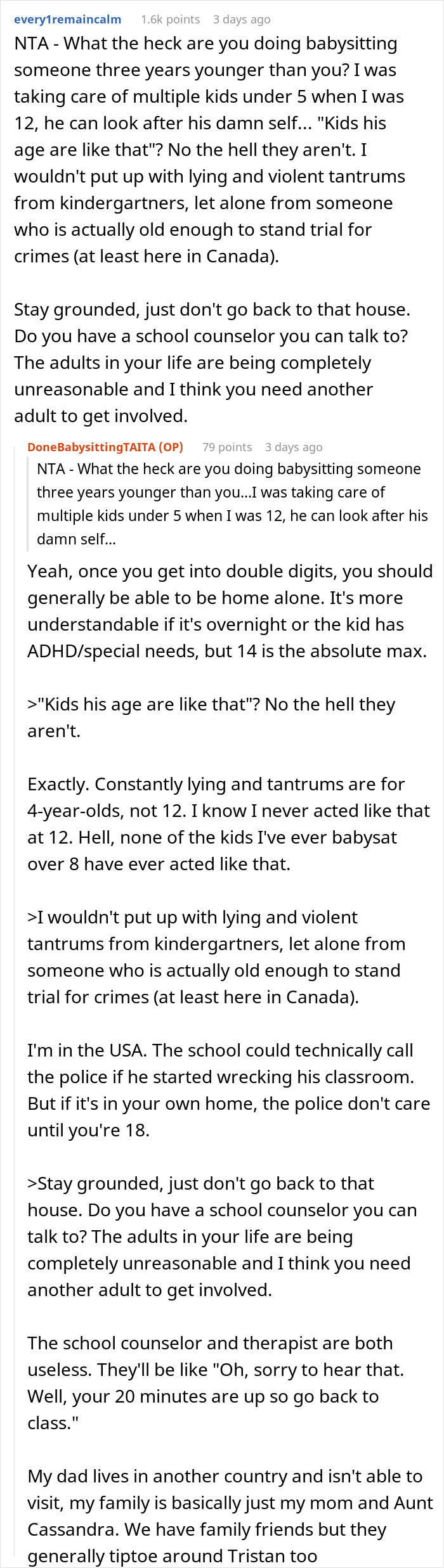 Reddit comment discussing a teen refusing to babysit their difficult cousin.