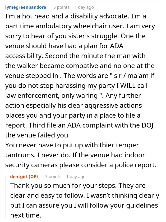Reddit comments discussing ADA compliance and advice for dealing with aggressive behavior toward a wheelchair user.