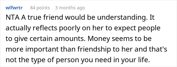 Comment discussing gift expectations at a best friend's wedding.