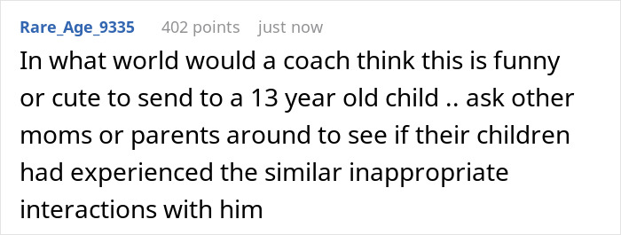 Reddit post discussing inappropriate texts sent by a coach to a 13-year-old, seeking advice from other parents.