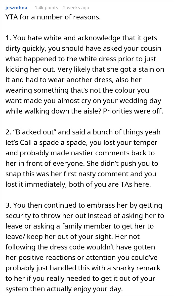 Reddit comment criticizing a woman for overreacting to her cousin's dress choice at the wedding.