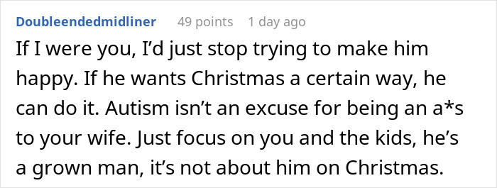 Comment discussing Christmas conflict between a husband and wife.
