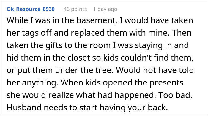 Text post reacting to a situation about a woman discovering someone putting tags on gifts they didn&rsquo;t buy.