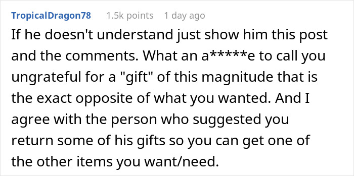 Text comment discussing a man's surprise gift, calling him ungrateful.