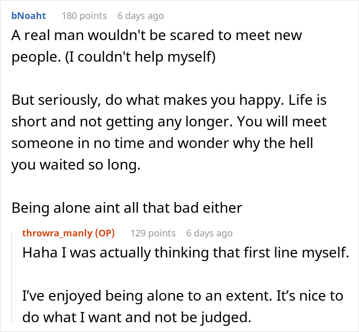 Reddit comments discussing happiness and self-acceptance related to divorce. Reddit comments discussing happiness and self-acceptance related to divorce.