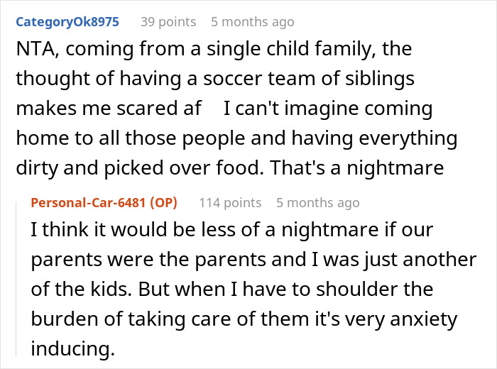 Reddit comments about anxiety of having many siblings and parents' responsibilities.