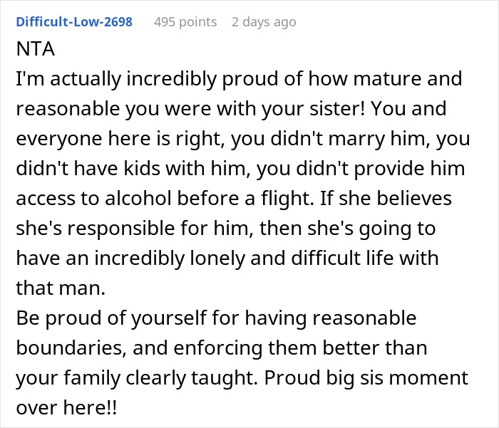 Reddit comment supporting a woman's decision to set boundaries with her alcoholic brother-in-law.