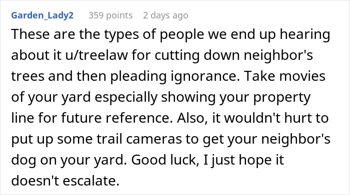 Reddit comment discussing neighbor issues related to tree cutting and potential petty revenge strategies. Reddit comment discussing neighbor issues related to tree cutting and potential petty revenge strategies.
