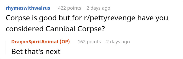 Reddit conversation on petty revenge with users discussing noisy neighbors and music.