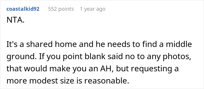 Reddit comment discussing compromise on a large photo of a boyfriend's late dog in a shared apartment. Reddit comment discussing compromise on a large photo of a boyfriend's late dog in a shared apartment.