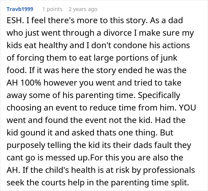 Comment discussing parenting after divorce, focusing on healthy eating and custody issues. Comment discussing parenting after divorce, focusing on healthy eating and custody issues.