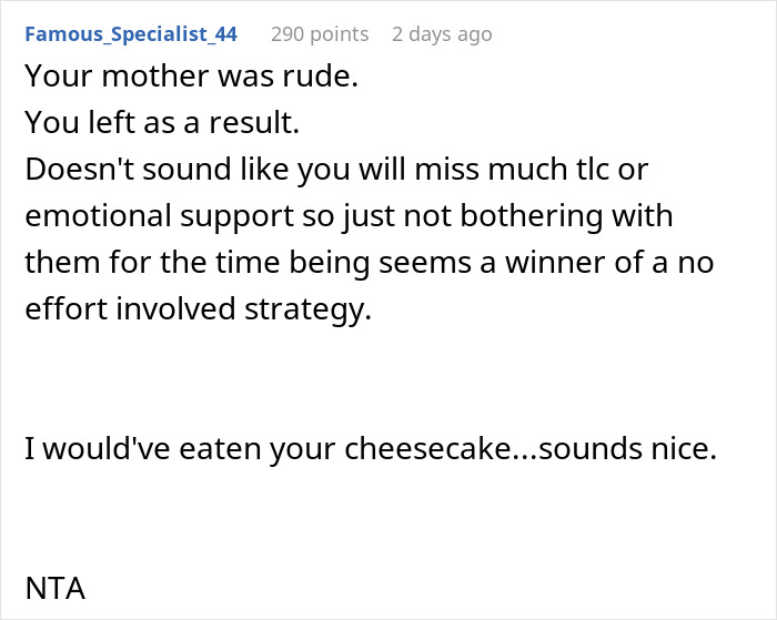 Thanksgiving dinner comment about family conflict over a hidden cake and back-up pie.