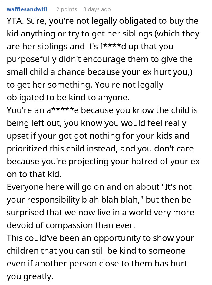 Reddit comment discussing obligation and kindness towards an ex's affair child during Christmas. Reddit comment discussing obligation and kindness towards an ex's affair child during Christmas.