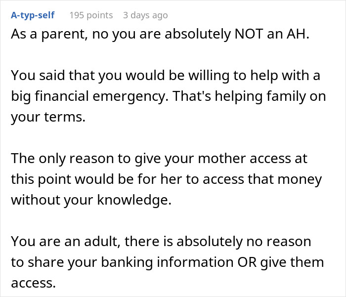 Text discussing a parent helping in a financial emergency, emphasizing control over family money. Text discussing a parent helping in a financial emergency, emphasizing control over family money.
