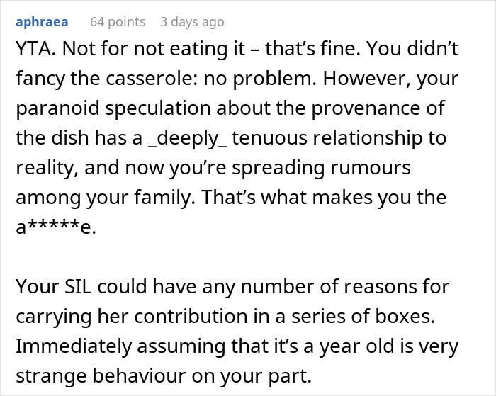 Reddit comment discussing Thanksgiving dish suspicion and etiquette issues.