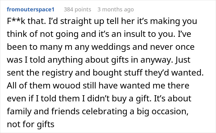 Screenshot of a comment about skipping a best friend's wedding over gift expectations.