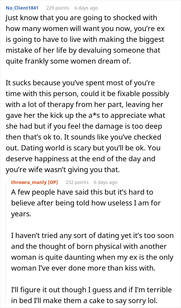 Reddit comments discussing divorce due to wife emasculating husband over baking and enjoying Taylor Swift. Reddit comments discussing divorce due to wife emasculating husband over baking and enjoying Taylor Swift.