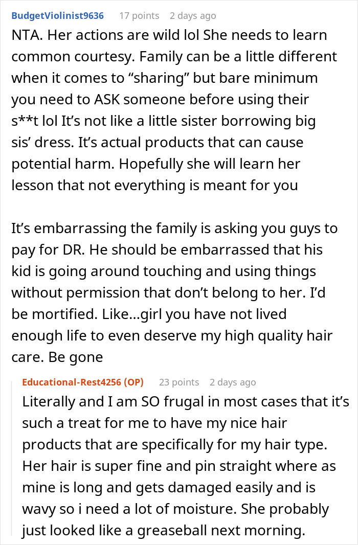 Reddit comments discussing teen using sister-in-law's products without permission and facing consequences. Reddit comments discussing teen using sister-in-law's products without permission and facing consequences.