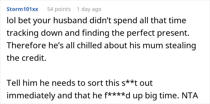 Comment discussing woman's reaction to MIL putting tags on unbought gifts.