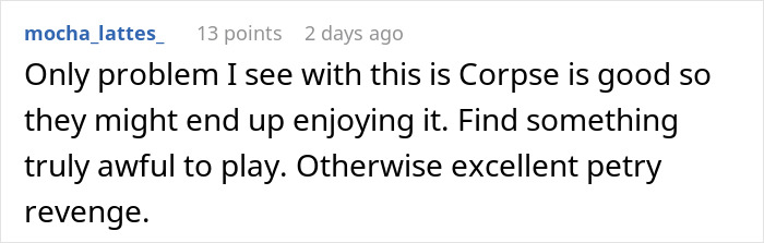 Reddit comment discussing music choices for neighbor noise revenge strategy.