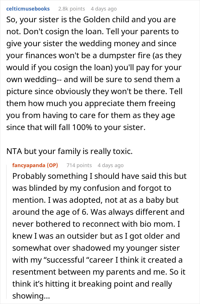 Reddit discussion about financial decisions and family dynamics.