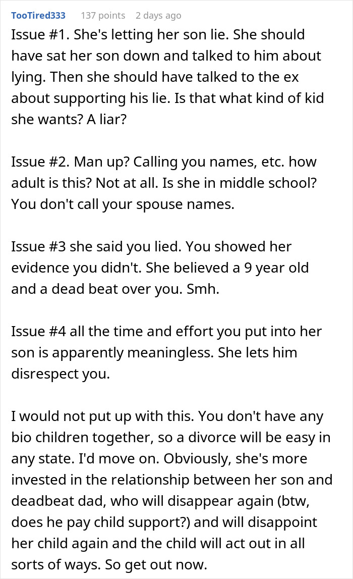 Text addressing wife's disbelief in husband's claims about her ex being untrustworthy.
