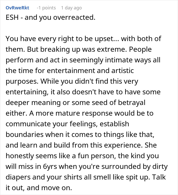 Comment discussing reaction to prank and relationship breakup advice. Comment discussing reaction to prank and relationship breakup advice.