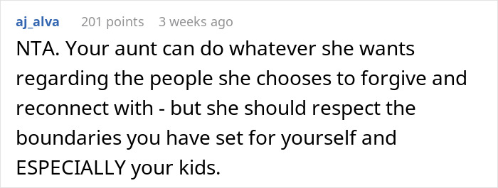 Reddit comment discussing aunt's choice to reconnect, emphasizing respecting boundaries with nephews and grandparents drama.