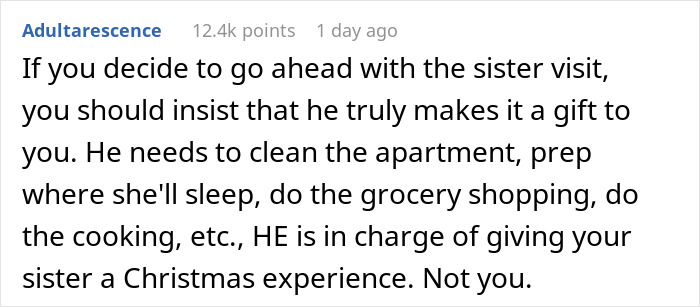 Text comment about managing responsibilities for a sister's visit during Christmas.