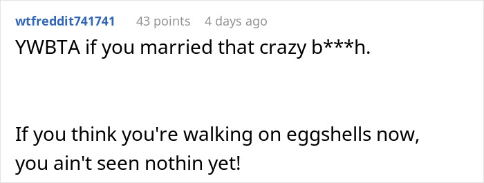 Reddit comment discussing relationship issues, mentioning a fiancé's demands about a car and the ex. Reddit comment discussing relationship issues, mentioning a fiancé's demands about a car and the ex.