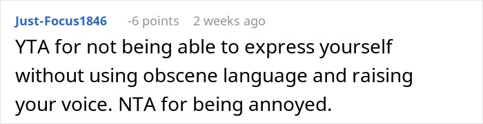 Reddit comment about expressing annoyance using language without raising one's voice.