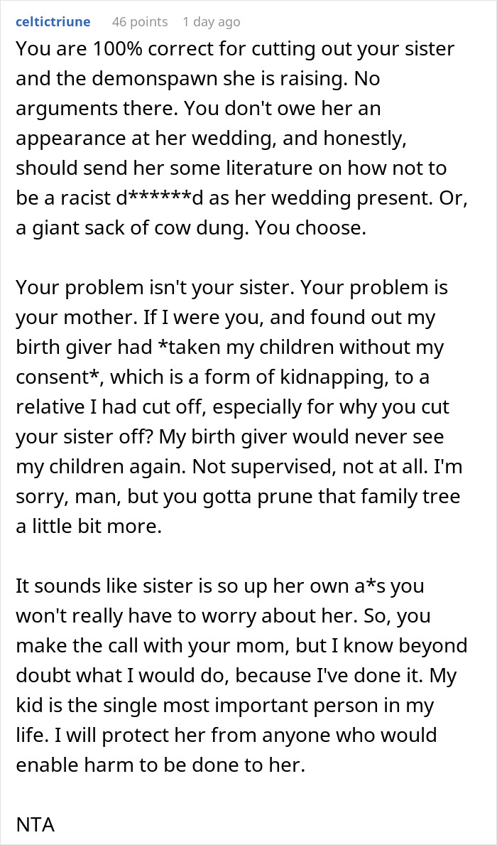 Text discussion about family dynamics and wedding invitation issues.