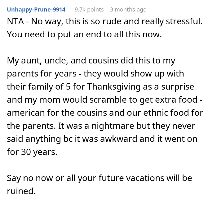 Text describing a stressful situation with in-laws arriving unexpectedly during a vacation.