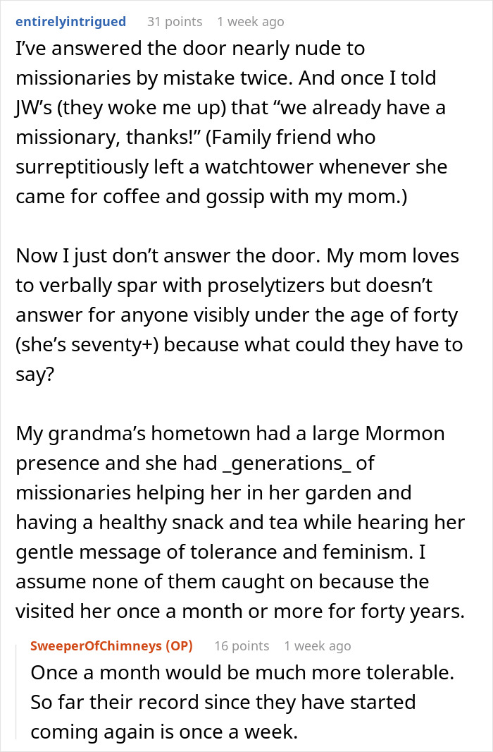 Text exchange about persistent Mormons, discussing anecdotes with missionaries and visits to grandma's town.