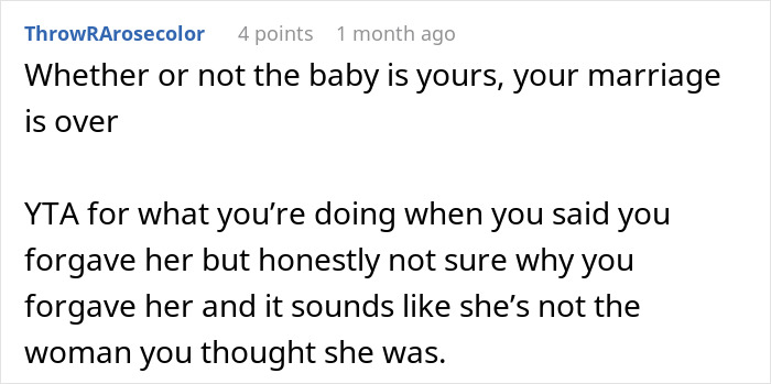 Text from a forum discussing a relationship issue involving infidelity and refusal of a paternity test. Text from a forum discussing a relationship issue involving infidelity and refusal of a paternity test.