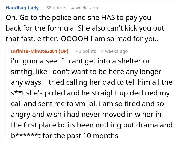 Text exchange about roommate conflict involving baby formula dispute. Text exchange about roommate conflict involving baby formula dispute.