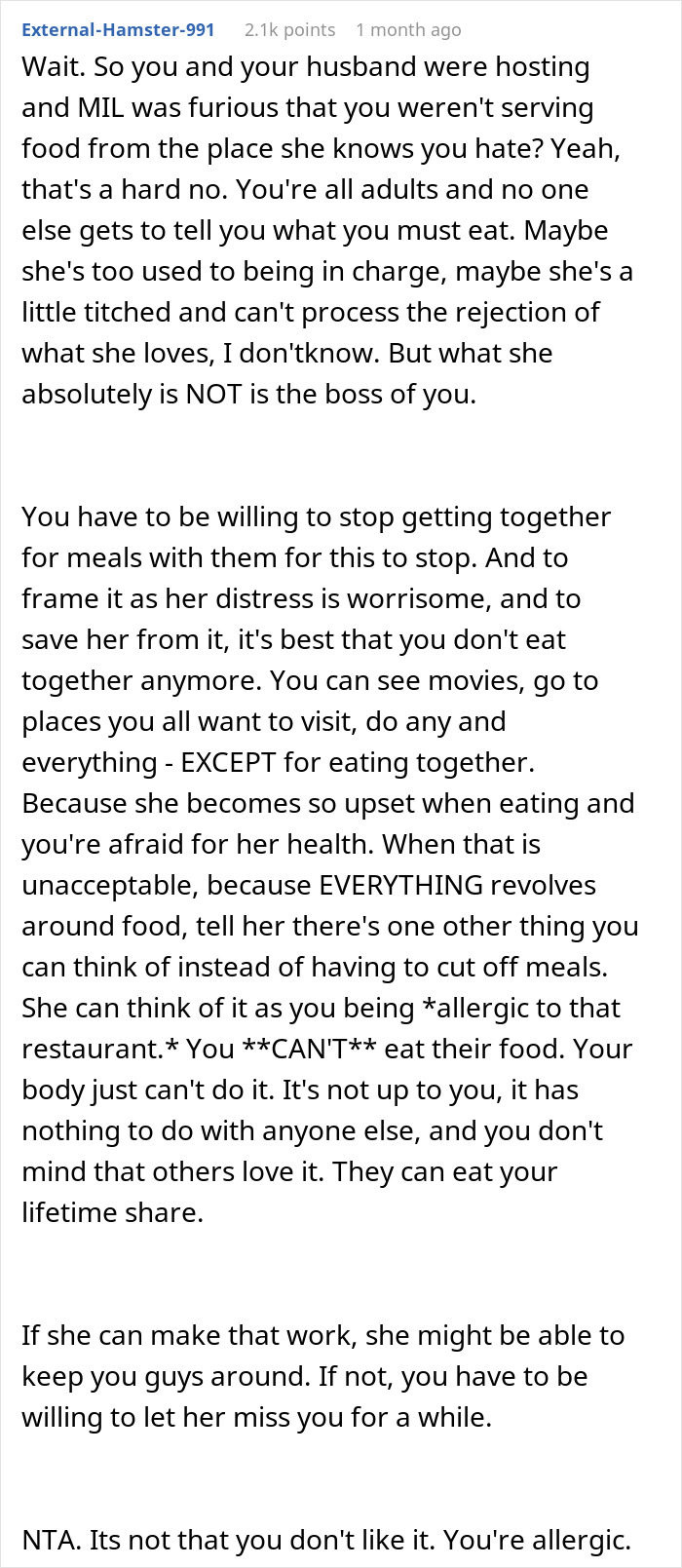 Text exchange discussing a conflict over refusing to eat from a MIL&rsquo;s favorite pizza place.