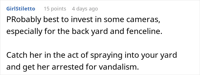 Text suggesting camera installation to solve neighbor dispute over yard vandalism.