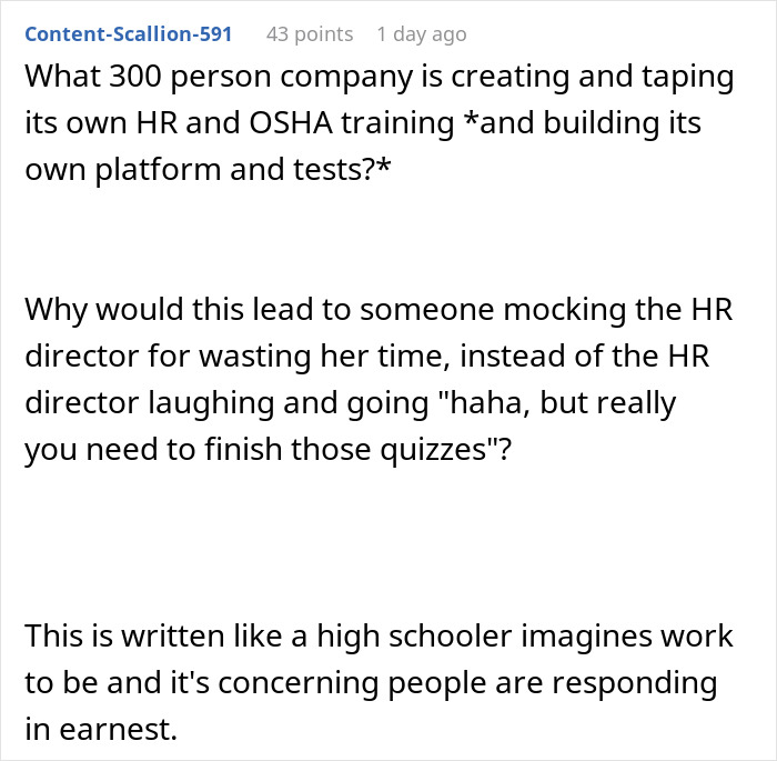 Text discussing HR director's frustration over company training methods.