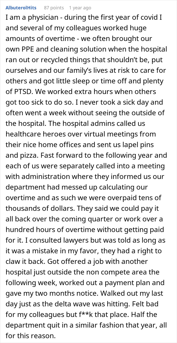 Text from a physician discussing employer demands regarding a 16-month overpayment error, workload, and quitting.