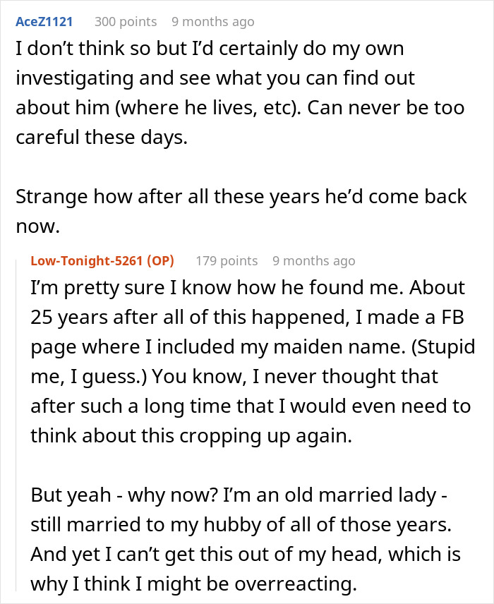 Online forum discussion about a woman's peaceful life disrupted by a stalker reemerging from her youth.