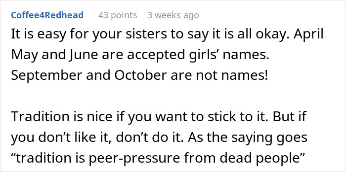 Text discussing breaking family tradition in naming a baby, questioning accepted month names for girls. Text discussing breaking family tradition in naming a baby, questioning accepted month names for girls.