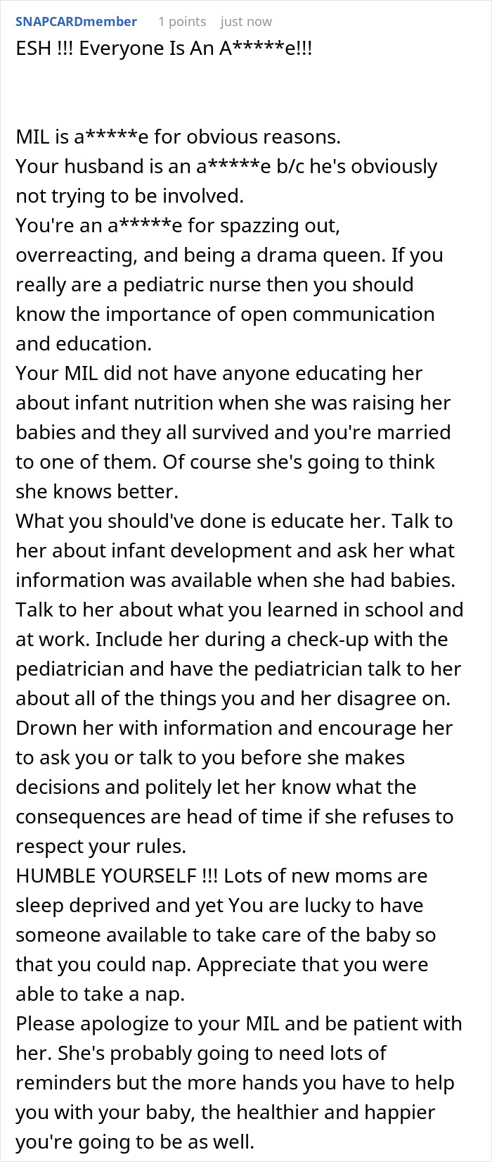 Text response about MIL conflict and baby care advice. Text response about MIL conflict and baby care advice.