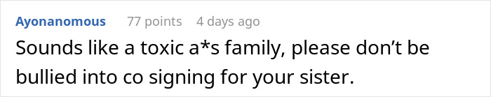Comment discussing financial protection and toxic family relations.