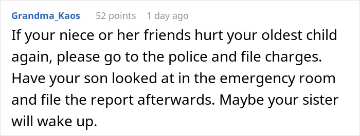 Comment about shutting sister out, advising to involve police if niece harms child again.