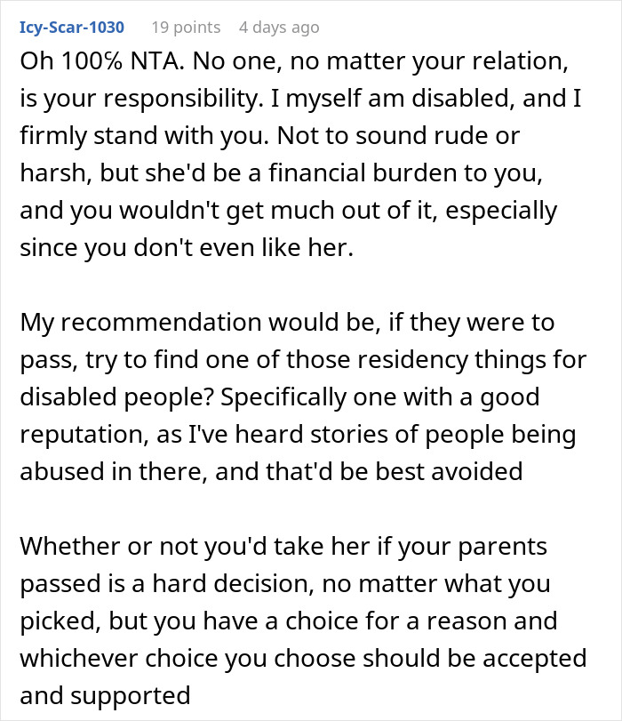 Comment on dad's guilt trip regarding disabled stepsister, emphasizing personal responsibility and decision-making challenges.