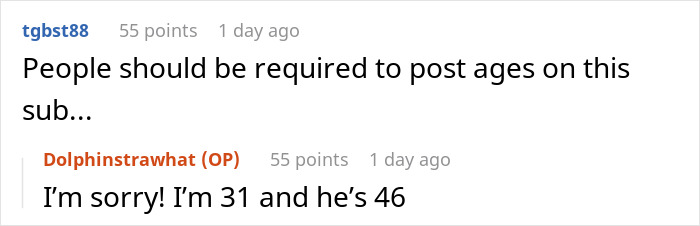 Reddit comment about age disclosure in a discussion related to a guy's accusation over mayonnaise consistency.