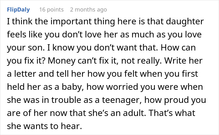 Text discussing family dynamics and financial help, expressing concerns about perceived inequality between siblings. Text discussing family dynamics and financial help, expressing concerns about perceived inequality between siblings.